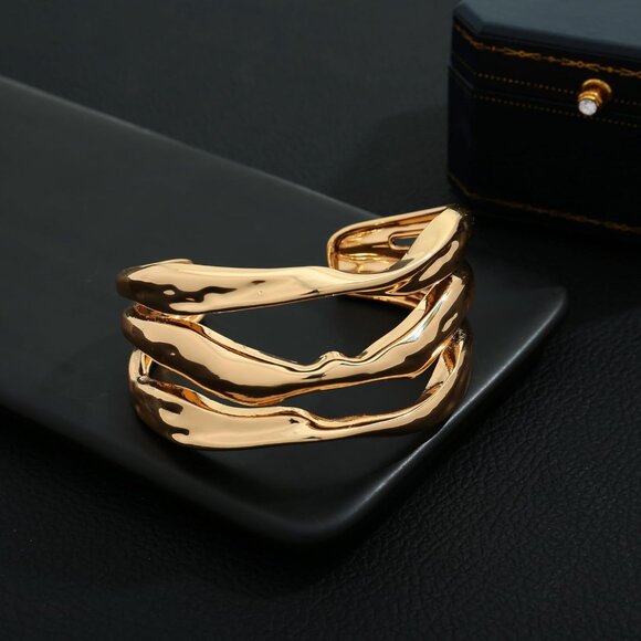 Bold Gold Chunky Cuff Bracelet for Women with Hammered Finish, Adjustable Irregu - Picture 8 of 8